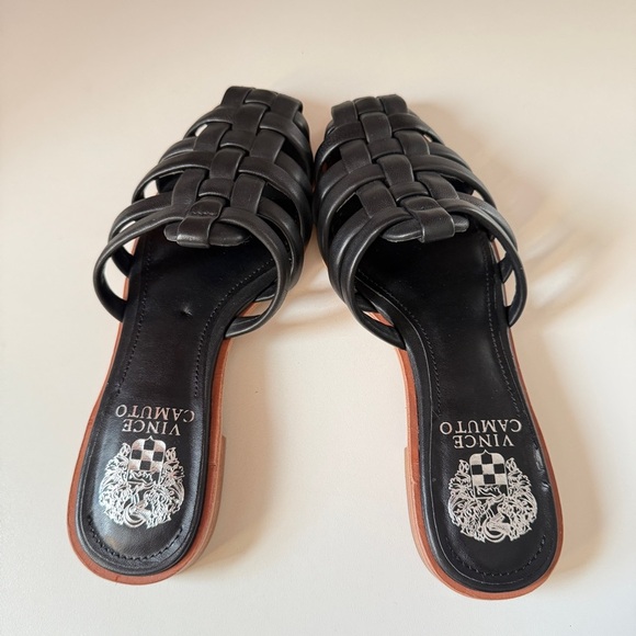 Vince Camuto Cresetia Black Leather Woven Slip-On Sandals Block Heel - Picture 4 of 7